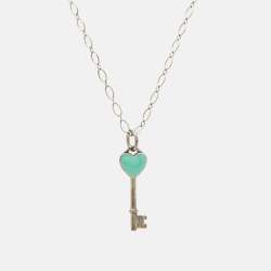 Pre Owned Tiffany & Co. Blue Enamel Heart Key Silver Pendant Oval Chain Link Necklace