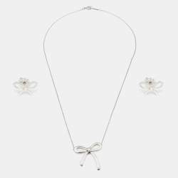 Pre Owned Tiffany & Co. Bow Sterling Silver Pendant Necklace And Earrings