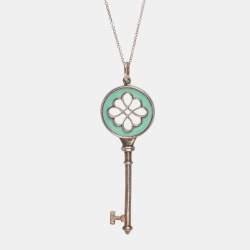 Pre Owned Tiffany & Co. Knot Key Enamel Silver Pendant Oval Chain Link Necklace 