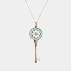 Pre Owned Tiffany & Co. Knot Key Enamel Silver Pendant Oval Chain Link Necklace 