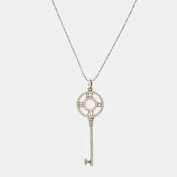 Pre Owned Tiffany & Co. Atlas Key Silver 925 Pendant Beaded Chain Necklace