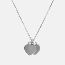 Pre Owned Tiffany & Co. Return to Tiffany Mini Double Heart Tag Pendants Enamel Sterling Silver Chain Necklace
