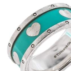 Pre Owned Tiffany & Co. Return to Tiffany Enamel Love Heart Silver Ring Size 56