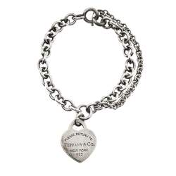 Pre Owned Tiffany & Co. Sterling Silver Double Chain Heart Tag Bracelet