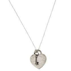 Pre Owned Tiffany & Co. Sterling Silver Heart Tag with Key Pendant Necklace