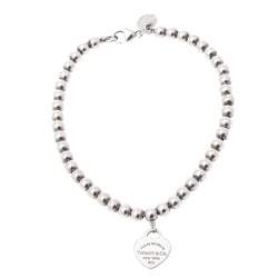 Pre Owned Tiffany & Co. Return To Tiffany Blue Enamel Heart Tag Silver Bead Bracelet 