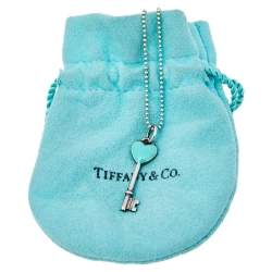 Pre Owned Tiffany & Co. Sterling Silver Blue Enamel Heart Key Pendant Necklace