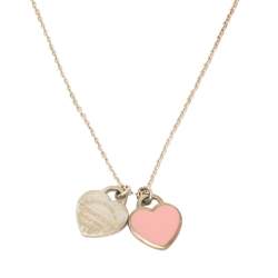 Pre Owned Tiffany & Co. Return to Tiffany Pink Enamel Double Heart Tag Silver Pendant Necklace