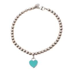 Pre Owned Tiffany & Co. Return To Tiffany Blue Enamel Heart Tag Silver Bead Bracelet