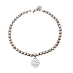 Pre Owned Tiffany & Co. Return To Tiffany Blue Enamel Heart Tag Silver Bead Bracelet