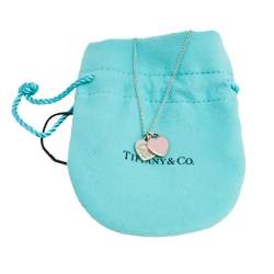 Pre Owned Tiffany & Co. Return to Tiffany Pink Enamel Double Heart Tag Silver Pendant Necklace 