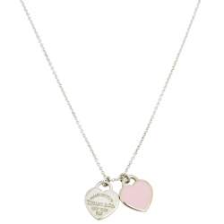 Tiffany & Co. Return to Tiffany Pink Enamel Double Heart Tag Silver Pendant Necklace 