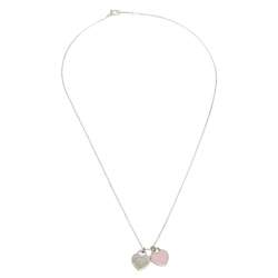 Pre Owned Tiffany & Co. Return to Tiffany Pink Enamel Double Heart Tag Silver Pendant Necklace 