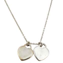 Pre Owned Tiffany & Co. Return to Tiffany Pink Enamel Double Heart Tag Silver Pendant Necklace 
