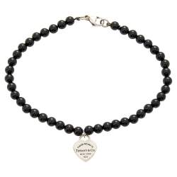 Pre Owned Tiffany & Co. Return To Tiffany Silver Heart Tag Onyx Bead Bracelet