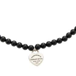 Pre Owned Tiffany & Co. Return To Tiffany Silver Heart Tag Onyx Bead Bracelet