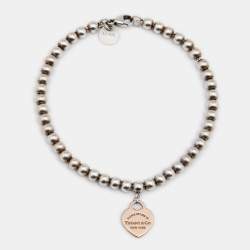 Pre Owned Tiffany & Co. Sterling Silver Rubedo Heart Charm Bead Bracelet