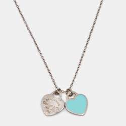 Pre Owned Tiffany & Co. Return To Tiffany Blue Enamel Double Heart Tag Pendant Necklace