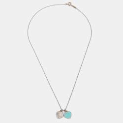 Pre Owned Tiffany & Co. Return To Tiffany Blue Enamel Double Heart Tag Pendant Necklace