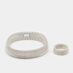 Pre Owned Tiffany & Co. Somerset Mesh Sterling Silver Ring Bracelet Set