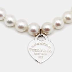 Pre Owned Tiffany & Co. Return To Tiffany Cultured Pearl Sterling Silver Heart Tag Bead Bracelet