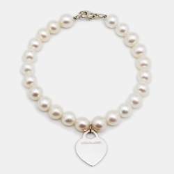 Pre Owned Tiffany & Co. Return To Tiffany Cultured Pearl Sterling Silver Heart Tag Bead Bracelet