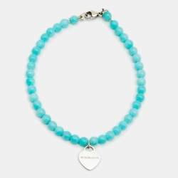 Pre Owned Tiffany & Co. Return To Tiffany Mini Heart Tag Silver Amazonite Bead Bracelet