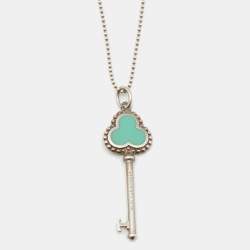 Pre Owned Tiffany & Co. Trefoil Blue Enamel Key Sterling Silver Pendant Necklace