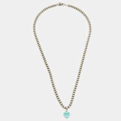 Pre Owned Tiffany & Co. Sterling Silver Return To Tiffany Blue Enamel Heart Tag Bead Necklace