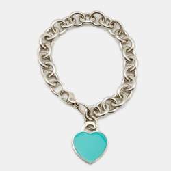 Pre Owned Tiffany & Co. Return To Tiffany Blue Enamel Heart Tag Sterling Silver Bracelet
