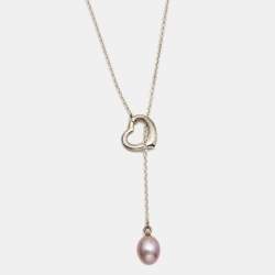 Pre Owned Tiffany & Co. Elsa Peretti Sterling Silver Open Heart Lariat Pearl Necklace