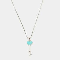 Pre Owned Tiffany & Co. Sterling Silver Blue Enamel Heart Key Pendant Necklace