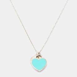 Pre Owned Tiffany & Co. Return to Tiffany Blue Enamel Sterling Silver Double Heart Tag Pendant Necklace