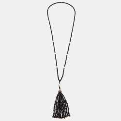 Pre Owned Tiffany & Co. Ziegfeld Cultured Pearl Onyx Sterling Silver Beaded Tassel Necklace