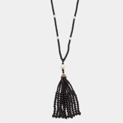 Pre Owned Tiffany & Co. Ziegfeld Cultured Pearl Onyx Sterling Silver Beaded Tassel Necklace