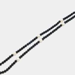 Pre Owned Tiffany & Co. Ziegfeld Cultured Pearl Onyx Sterling Silver Beaded Tassel Necklace