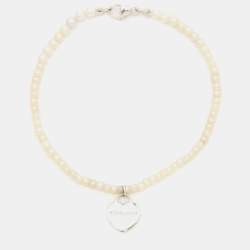 Pre Owned Tiffany & Co. Return To Tiffany Silver Heart Tag Pearl Bracelet