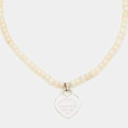 Pre Owned Tiffany & Co. Return To Tiffany Silver Heart Tag Pearl Bracelet