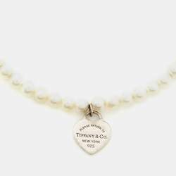 Pre Owned Tiffany & Co. Return To Tiffany Cultured Pearl Sterling Silver Heart Tag Bracelet