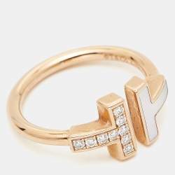Pre Owned Tiffany & Co. Tiffany T Wire Mother of Pearl Diamond 18k Rose Gold Ring Size 50