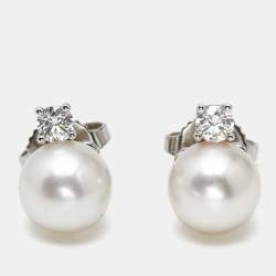 Pre Owned Tiffany & Co. Signature Cultured Pearls Diamonds 18k White Gold Earring