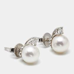 Pre Owned Tiffany & Co. Signature Cultured Pearls Diamonds 18k White Gold Earring
