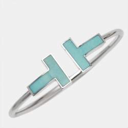 Pre Owned Tiffany & Co. T Wire Turquoise 18k White Gold Wide Bracelet