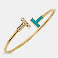 مملوكة مسبقًا Tiffany & Co. Tiffany T Wire Turquoise Diamonds 18k Yellow Gold Bracelet