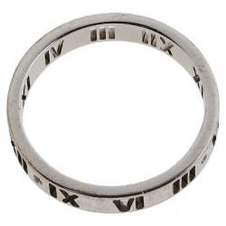Pre Owned Tiffany & Co. Atlas Roman Numeral Motif Diamond 18K White Gold Pierced Ring Size 54