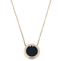 Pre Owned Tiffany & Co. Tiffany T Diamond Black Onyx 18K Rose Gold Circle Pendant Necklace