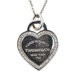 Pre Owned Tiffany & Co. Please Return to Tiffany Diamond 18k White Gold Heart Tag Pendant Necklace