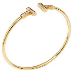 Pre Owned Tiffany & Co. Tiffany T Wire Diamond 18K Yellow Gold Open Cuff Bracelet