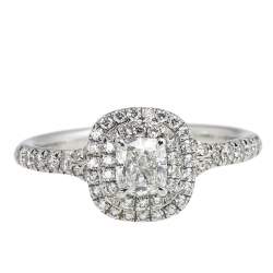 Pre Owned Tiffany & Co. Tiffany Solsete Cushion Cut Double Halo Diamond Engagement Ring with Diamond Platinum Band Size 51