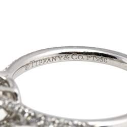 Pre Owned Tiffany & Co. Tiffany Solsete Cushion Cut Double Halo Diamond Engagement Ring with Diamond Platinum Band Size 51